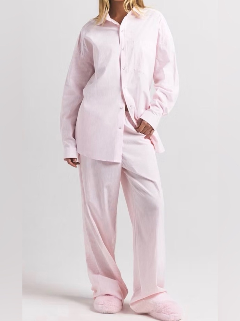 *SKIMS* Cotton Poplin Cherry Blossom Striped Button-up Pajama Set Oversized